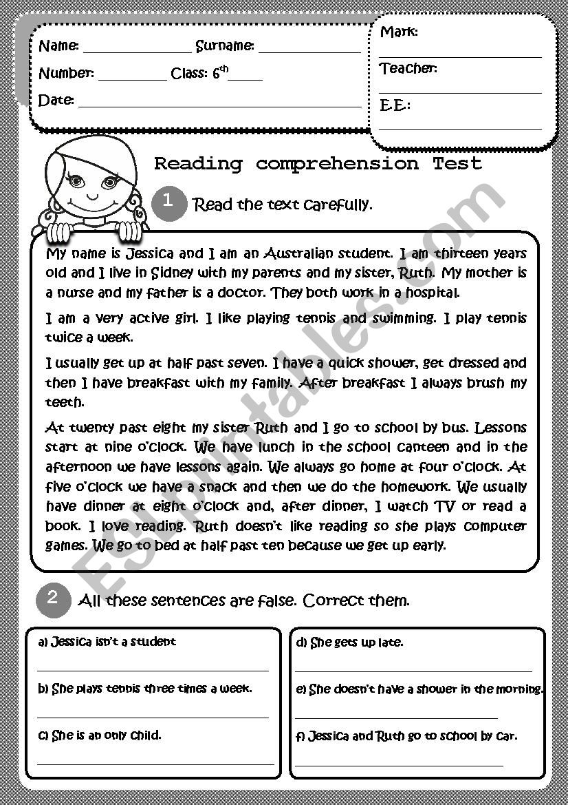 Reading comprehension test worksheet