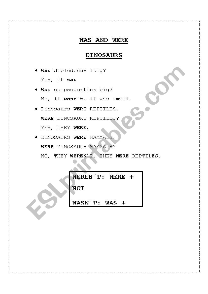 Was and Were dinosaurs worksheet