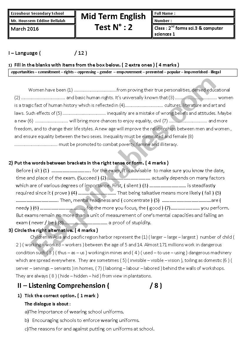 2nd form mid term (mid-semester 2) test 2 