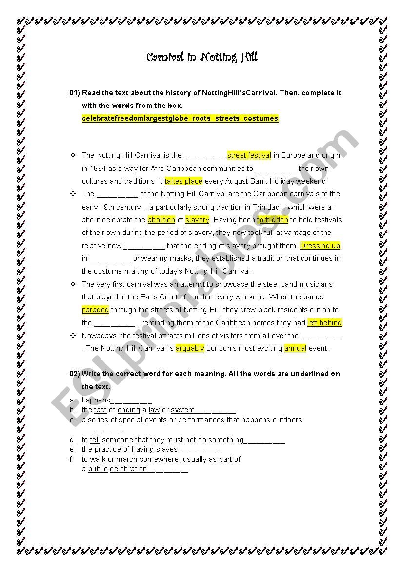 Carnival in Notting Hill worksheet