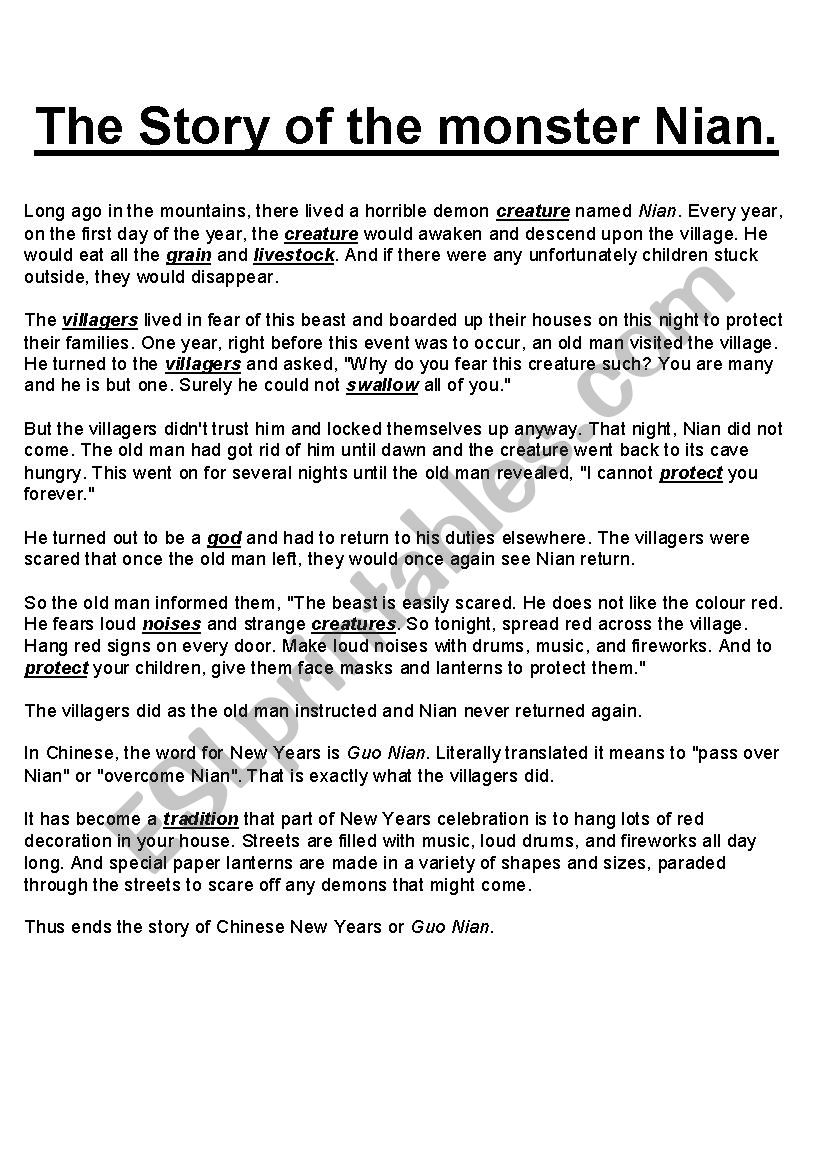 Story of Guo Nian worksheet