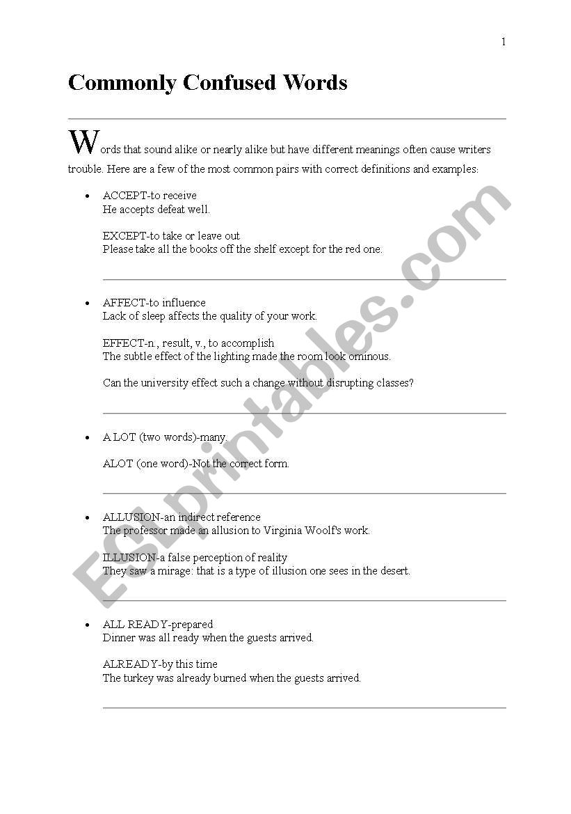 Commonly Confused Words worksheet