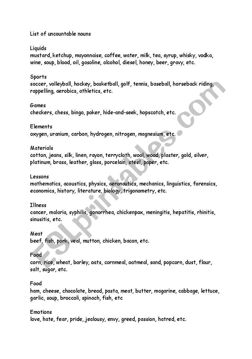 list of uncountable nouns worksheet
