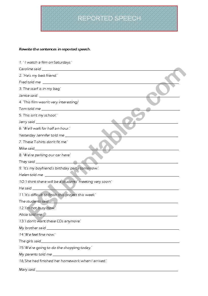 REPORTED SPEECH WORKSHEET worksheet