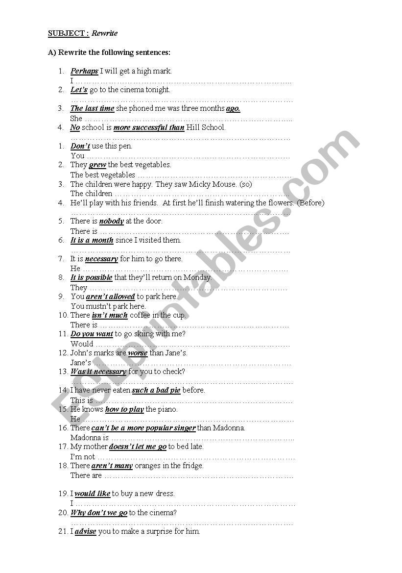 rewrite sentences worksheet