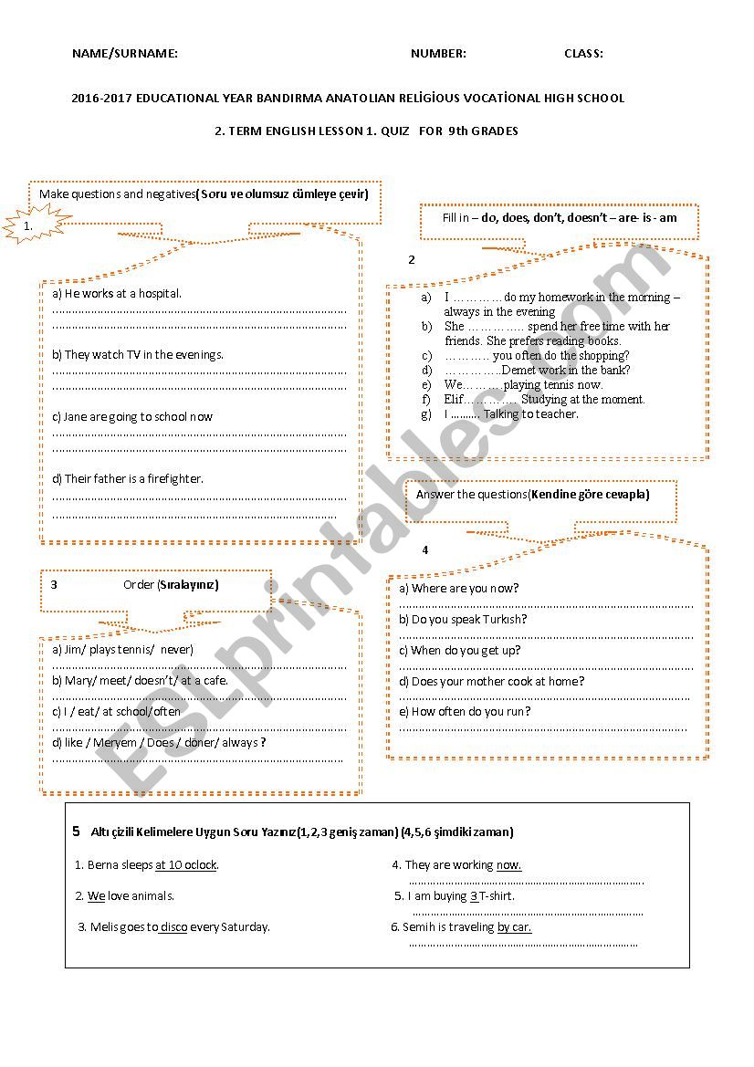 quız for 9th grade worksheet