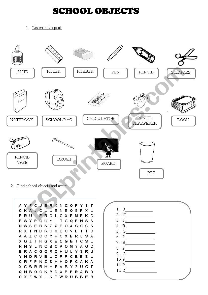 school objects worksheet