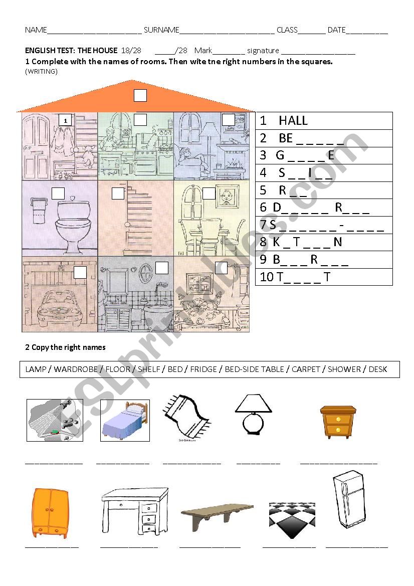 house and rooms test worksheet