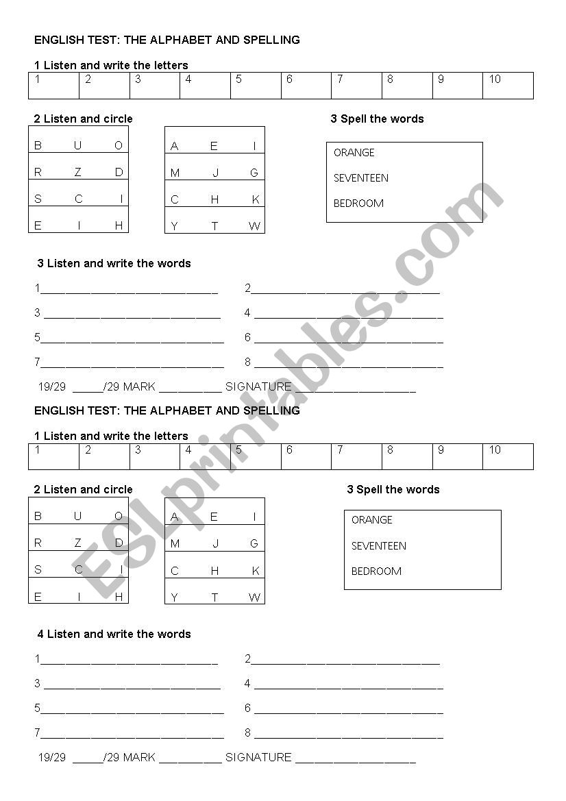 spelling test worksheet