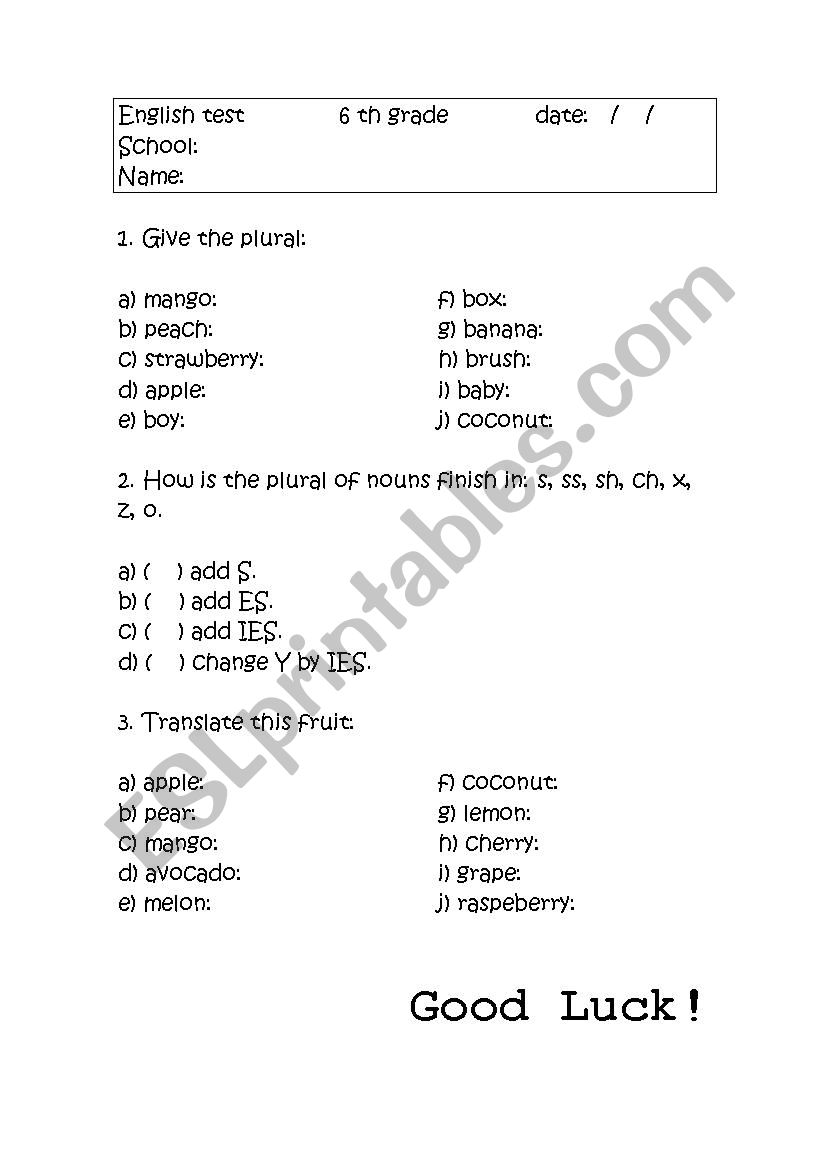 Fruit, plural worksheet