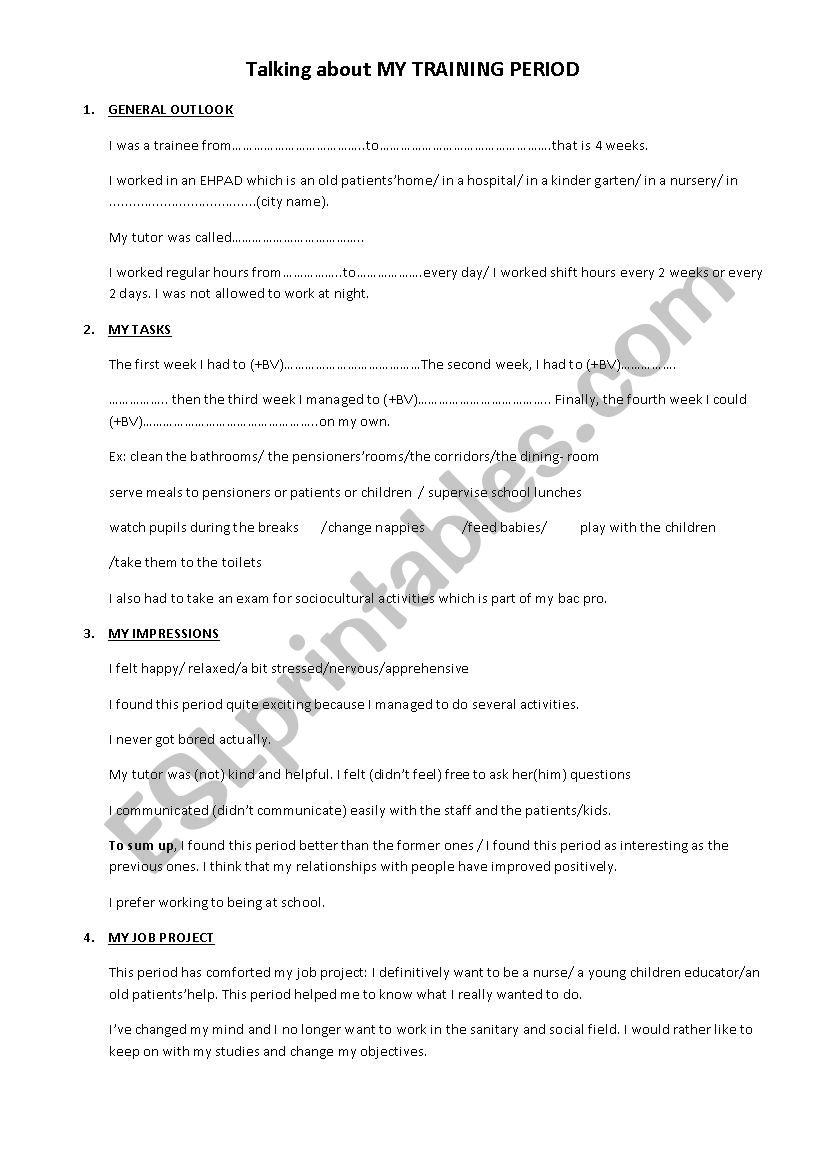 My training period worksheet