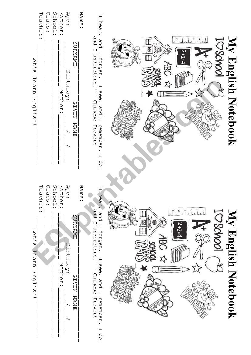 NOTEBOOK COVER worksheet