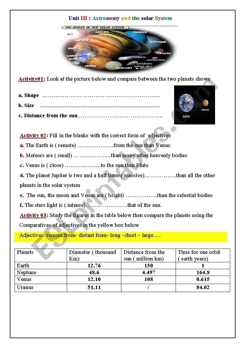 astronomy worksheet