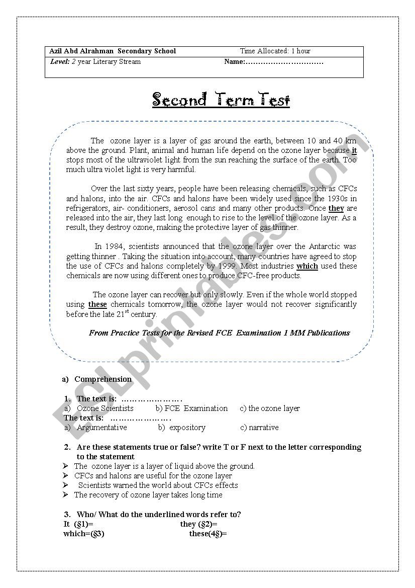 test about ozone layer worksheet