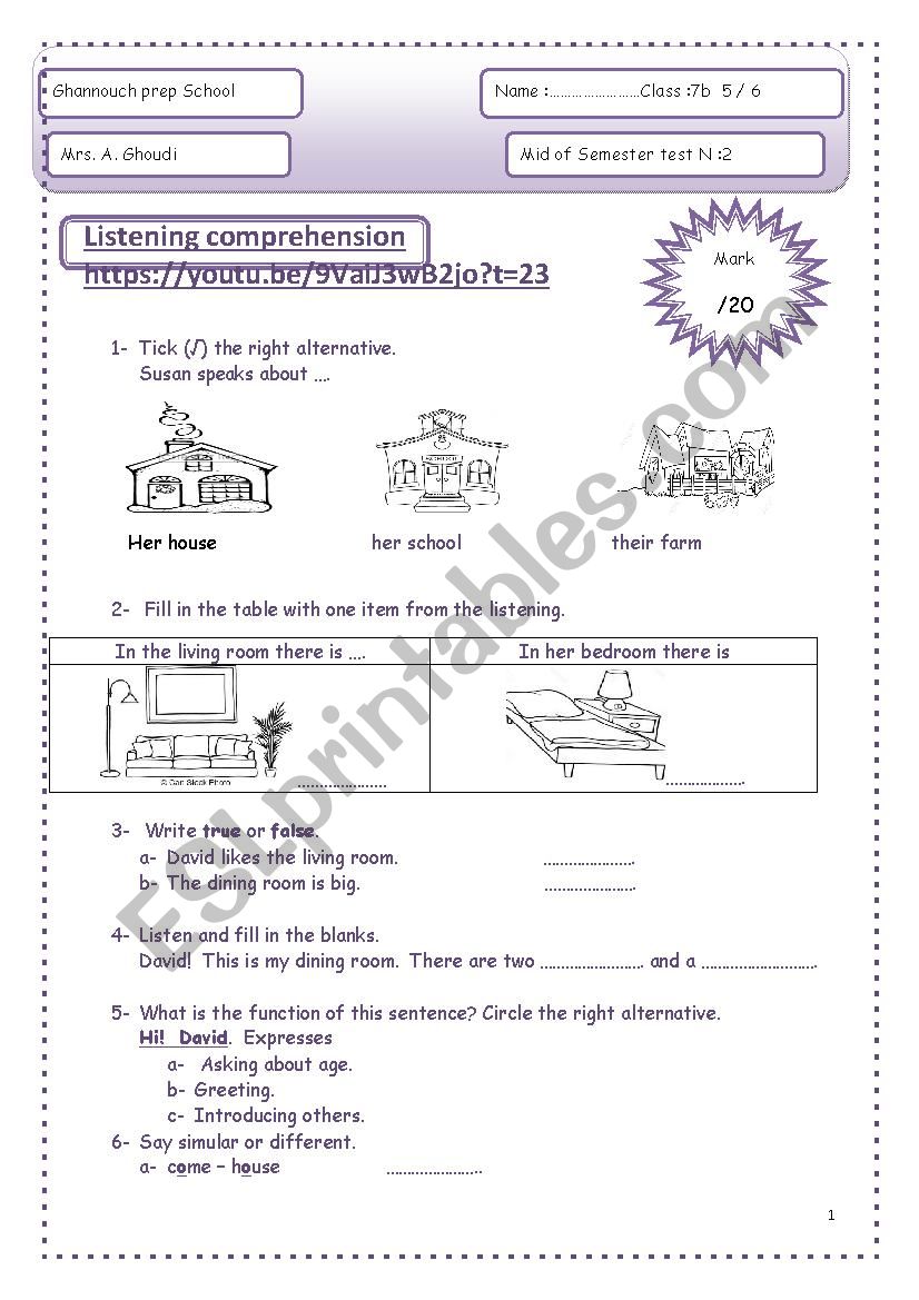 mid semester test 7th form worksheet