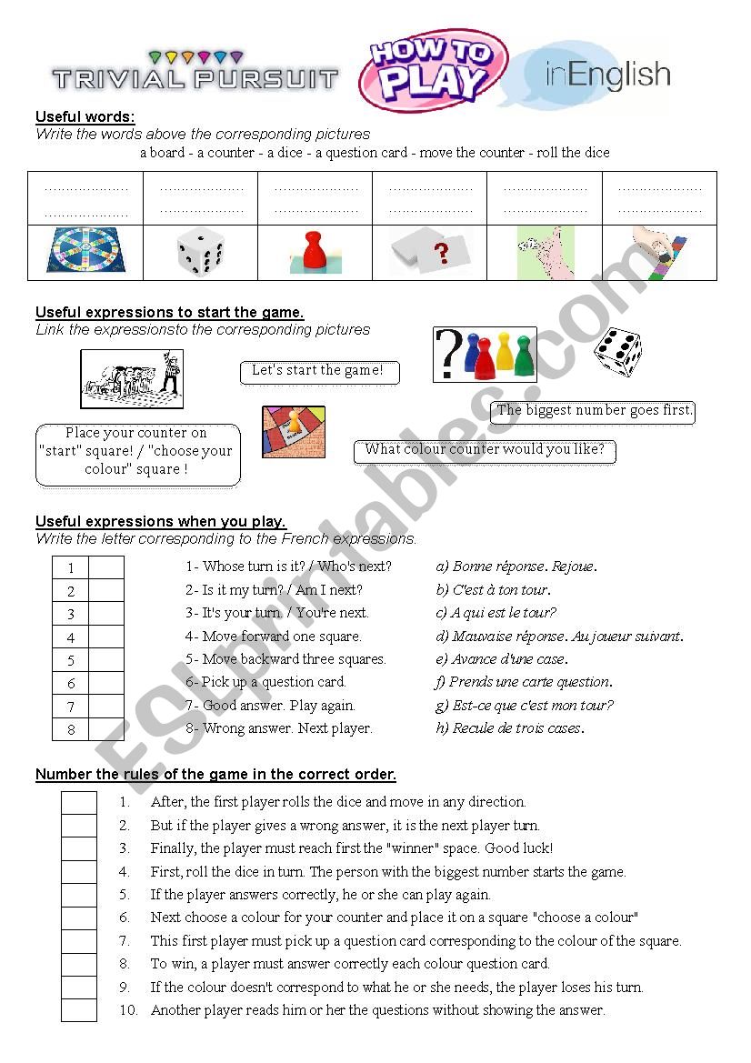 Boardgame Expressions worksheet