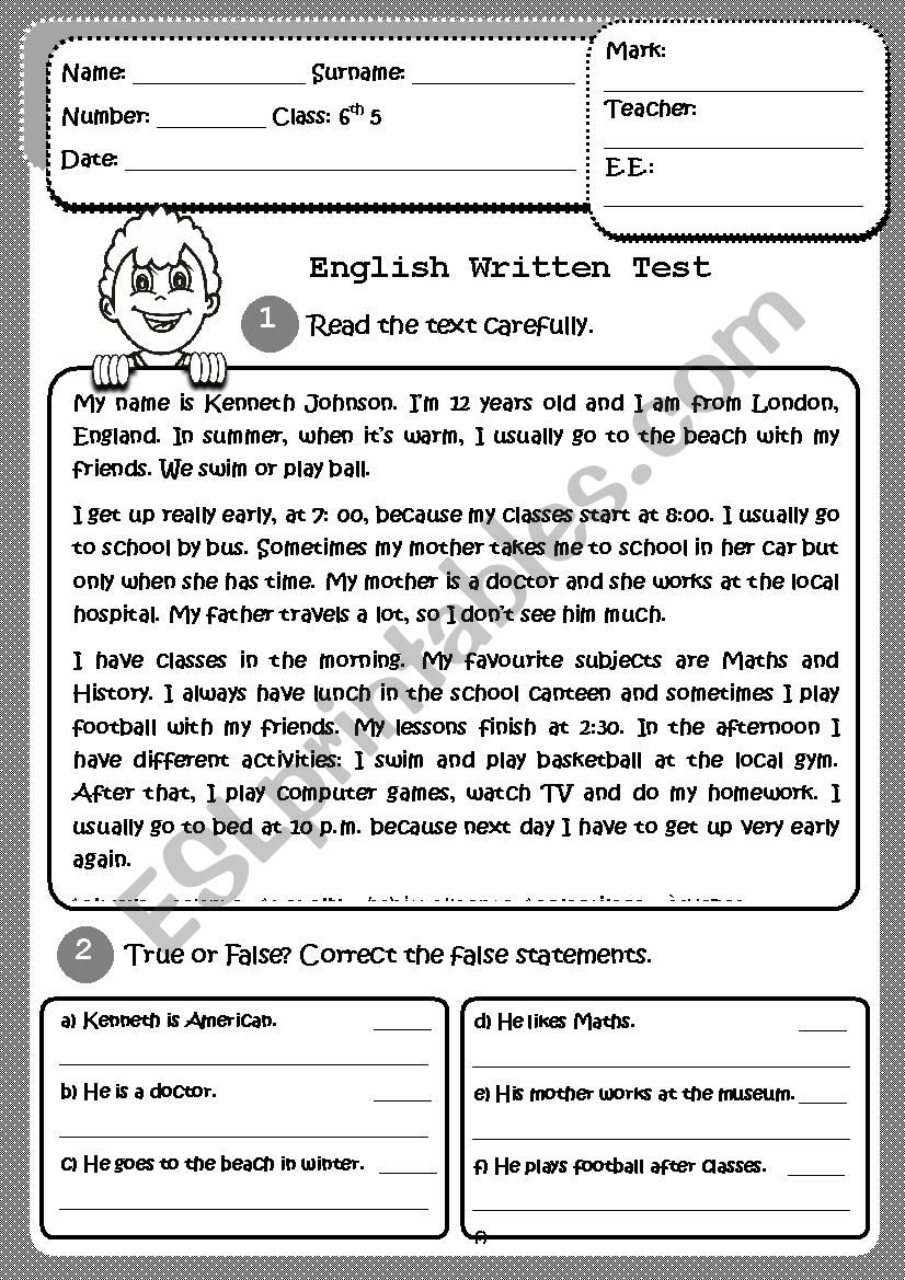 English written test on Daily Routine