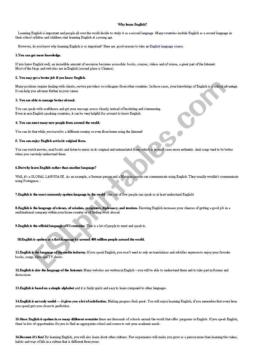 Why learn Englih worksheet