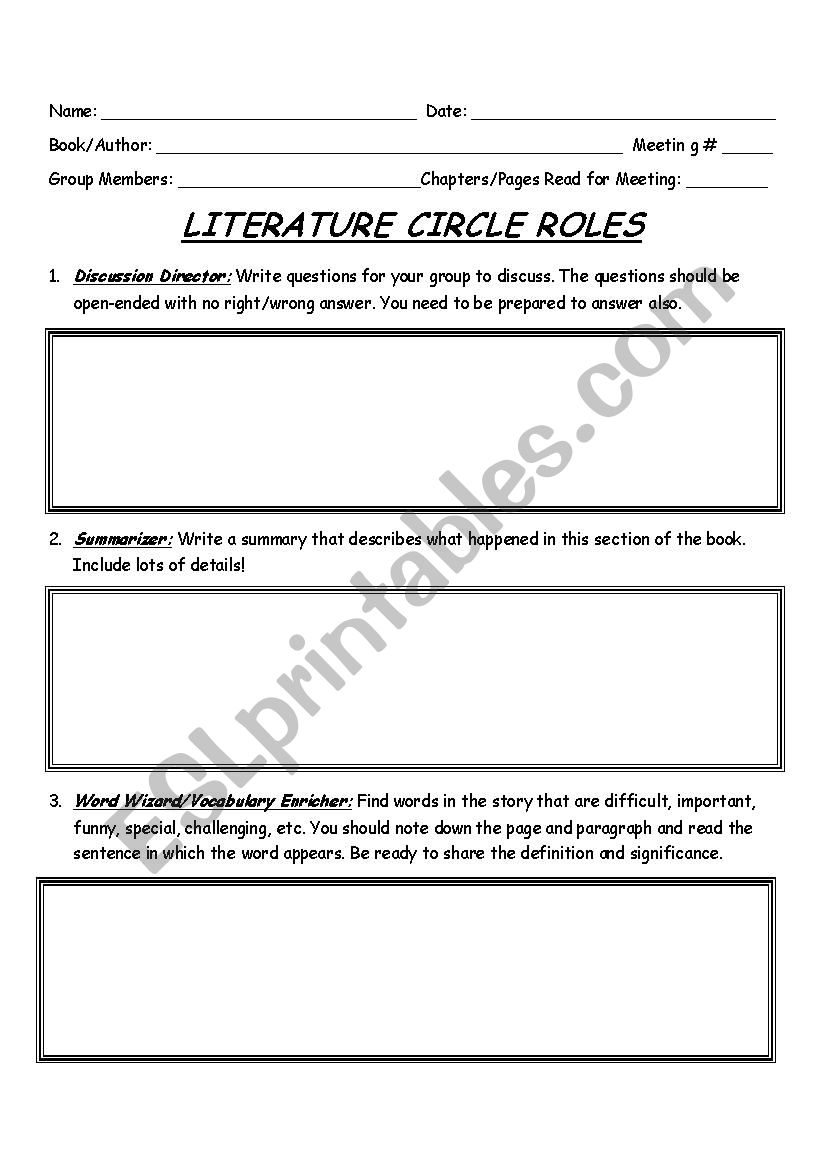 Literature Circle Student Roles Graphic Organizer