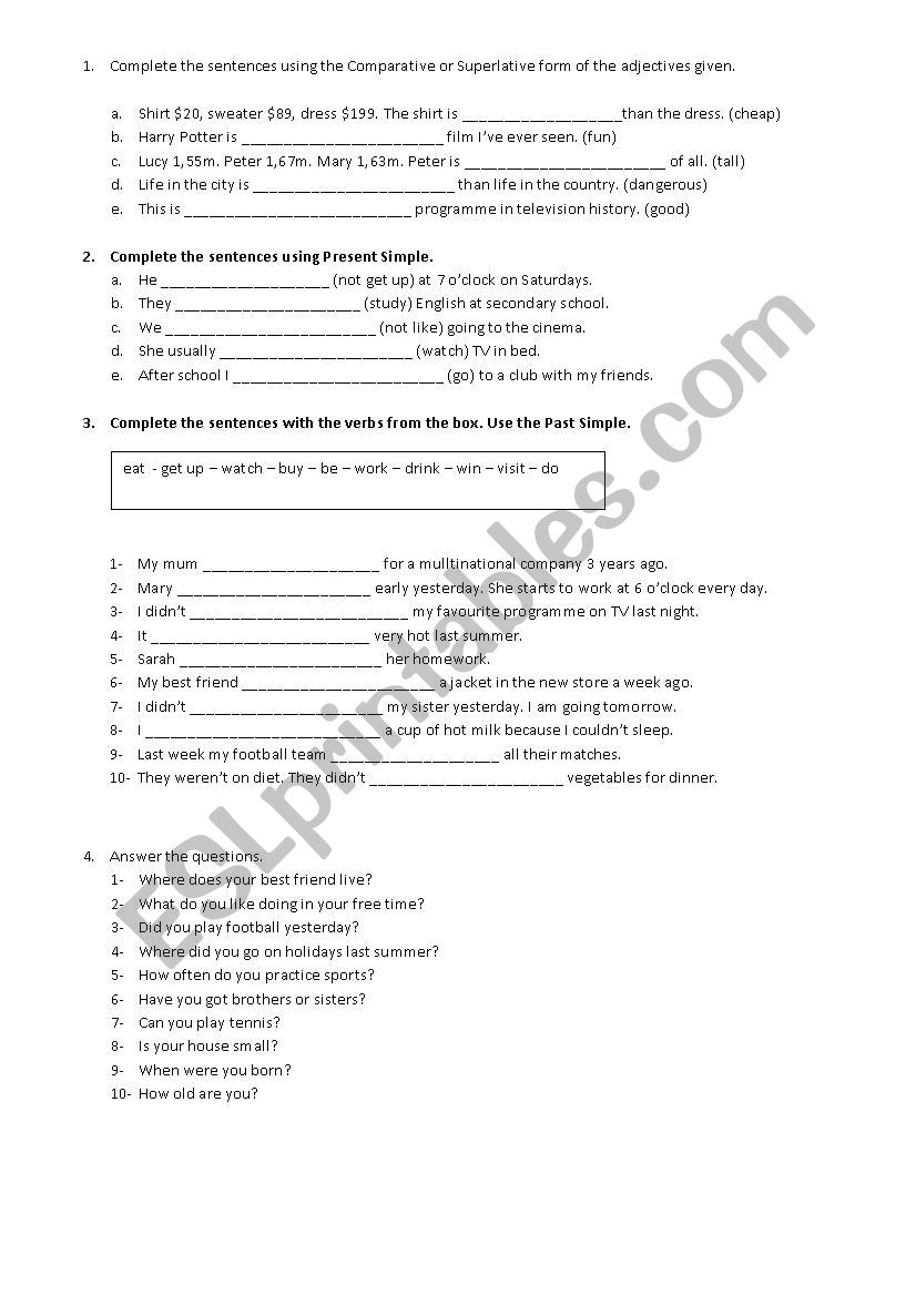 COMPARATIVE AND SUPERLATIVE ADJECTIVES, PRESENT SIMPLE, PAST SIMPLE, PERSONAL QUESTIONS