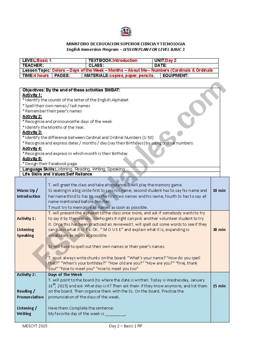 lesson plan for the first day of class