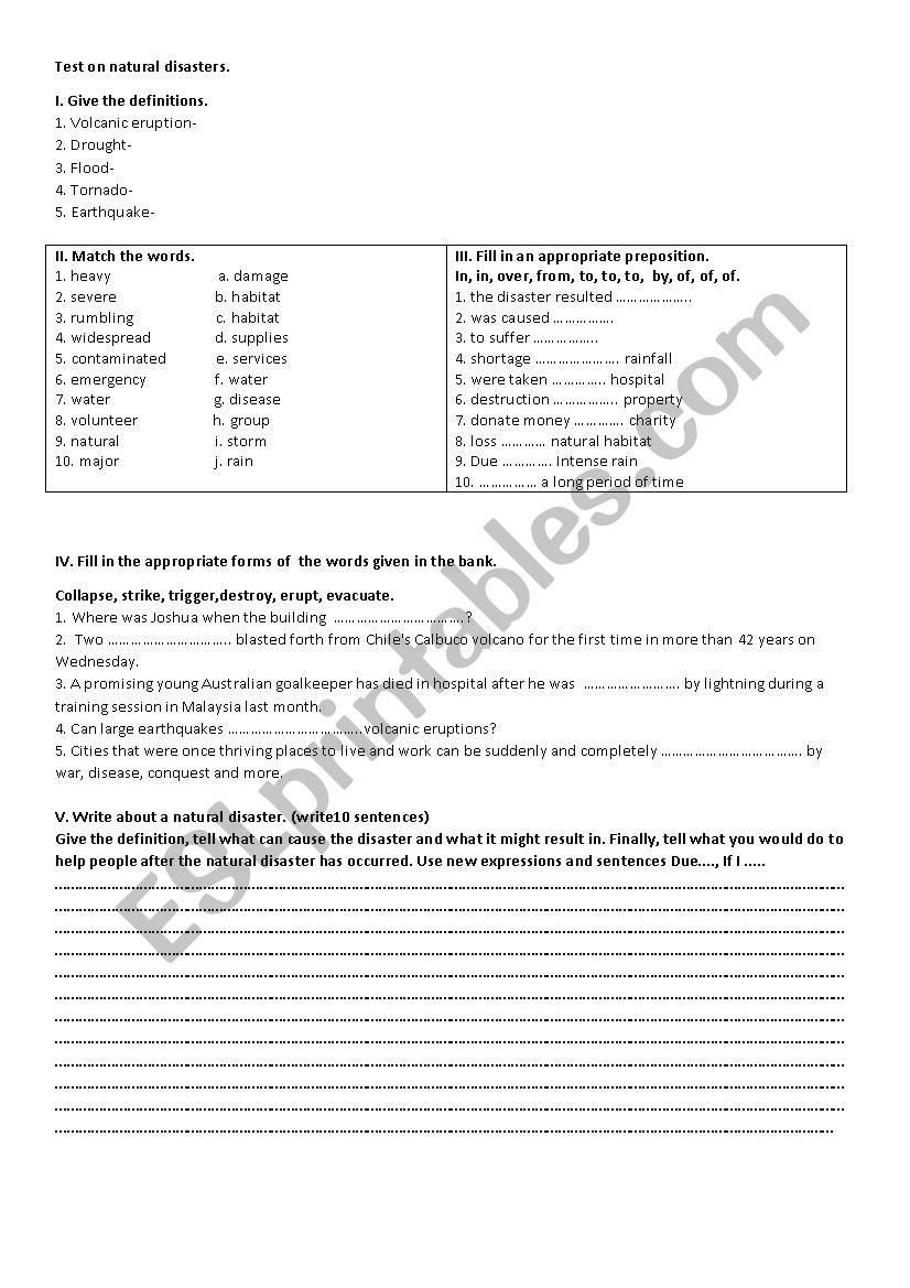 test on natural disasters worksheet