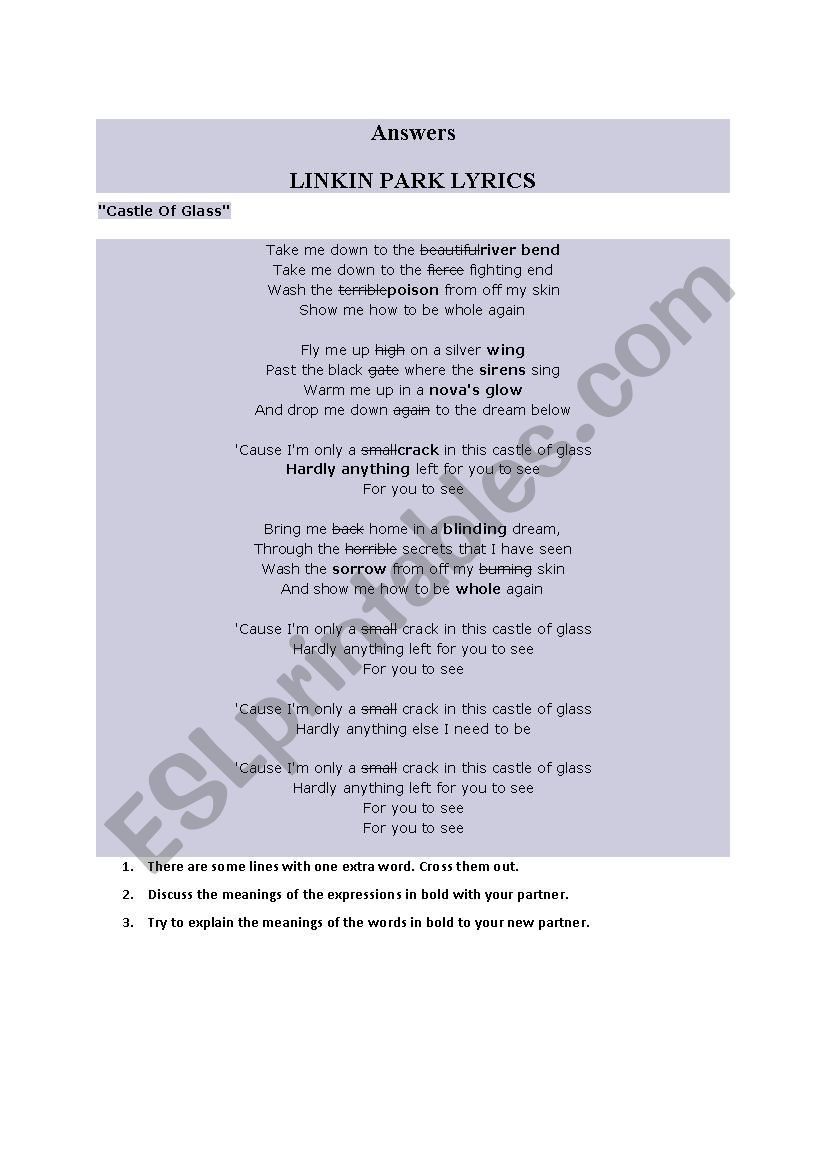 Linking Park castle of sand worksheet