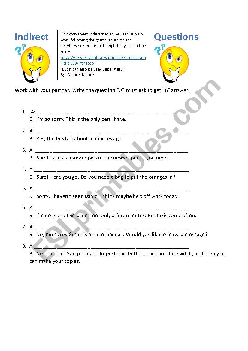 INDIRECT QUESTIONS -- WORKSHEET TO USE WITH OR WITHOUT MATCHING PPT
