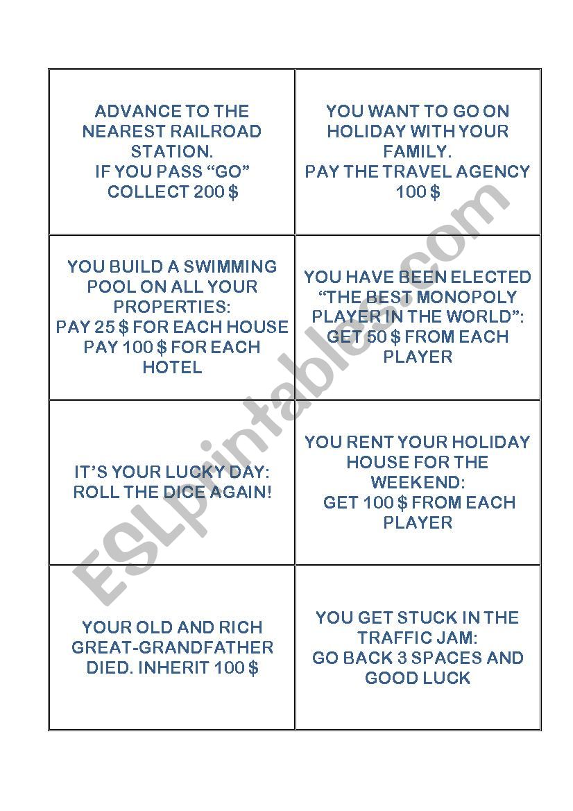 MONOPOLY CARDS - CHANCE AND COMMUNITY CHEST - ESL worksheet by With Regard To Monopoly Chance Cards Template