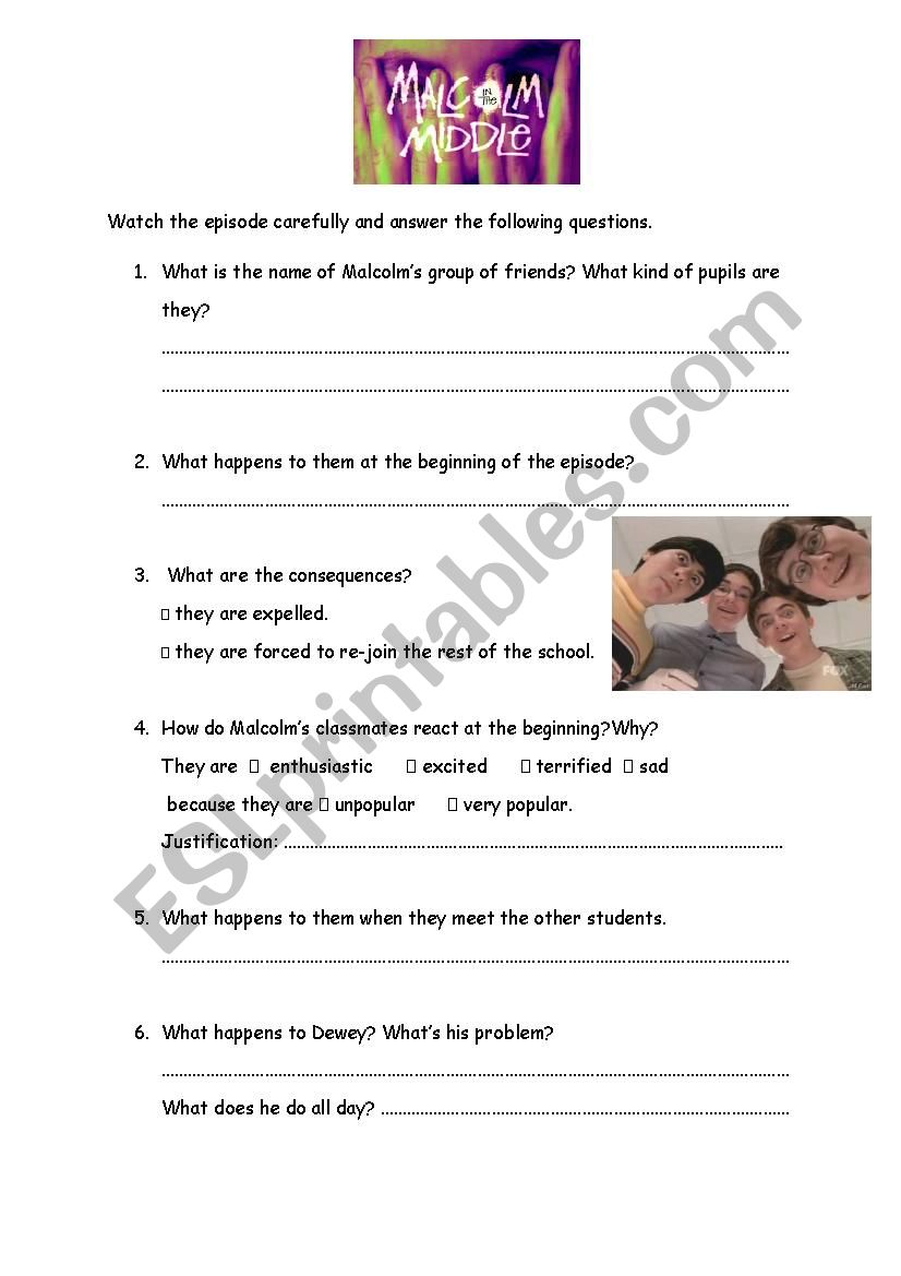 Comprehension sheet- Cliques -  Malcolm in the Middle season 3 episode 21