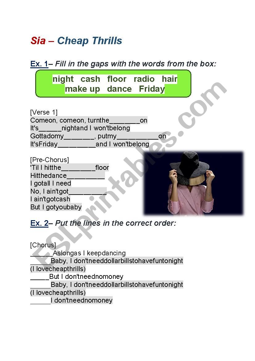 Sia - Cheap Thrills worksheet