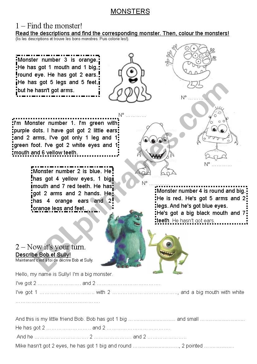 Monsters worksheet