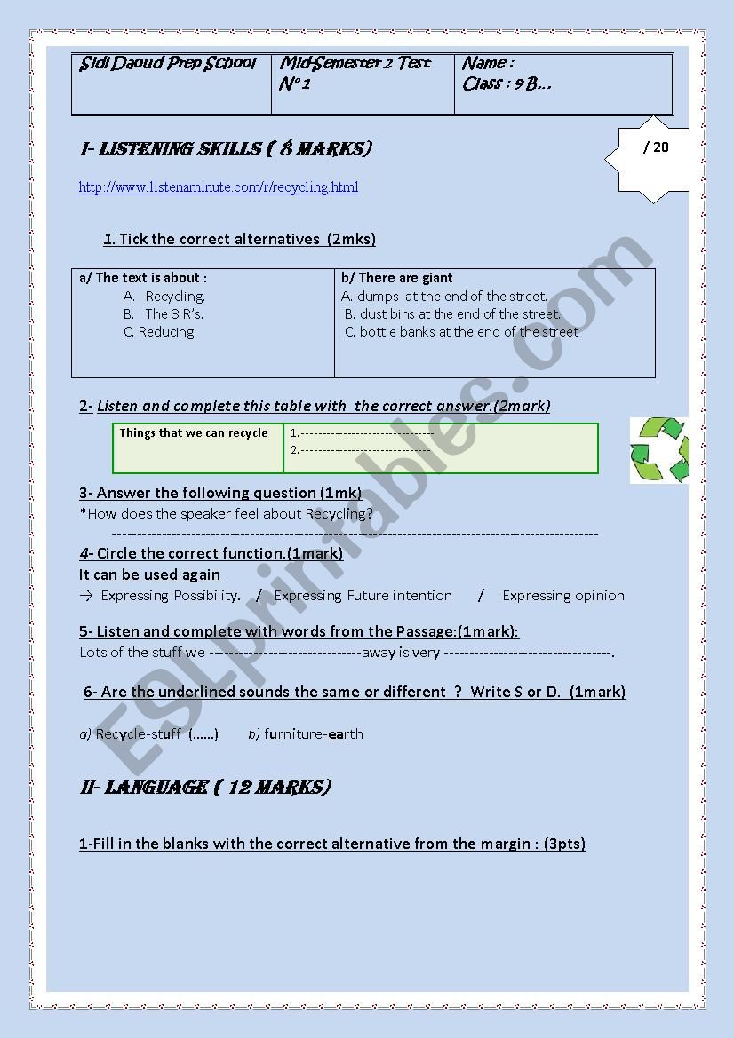 Ordinary Test1 ( semester 2) 9th graders