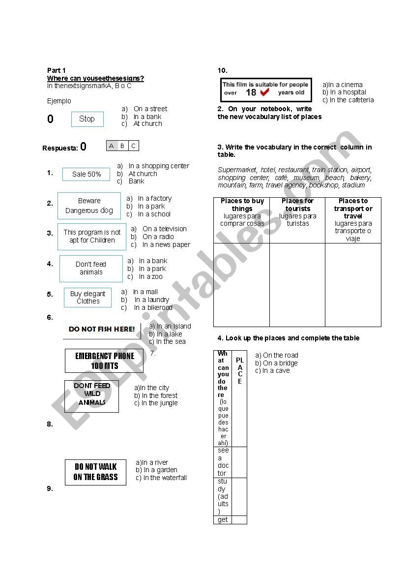places and signs worksheet