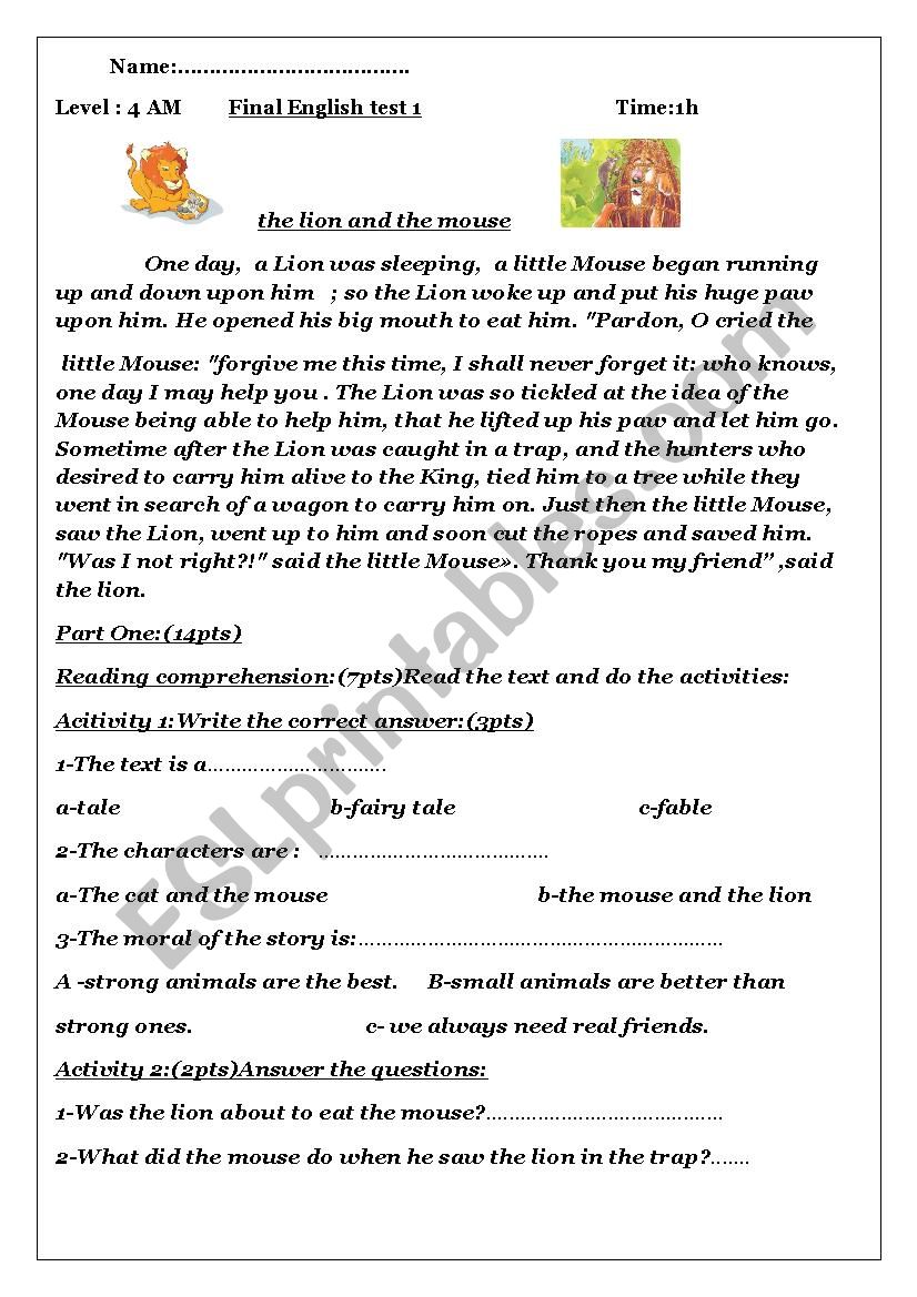 test about fables worksheet