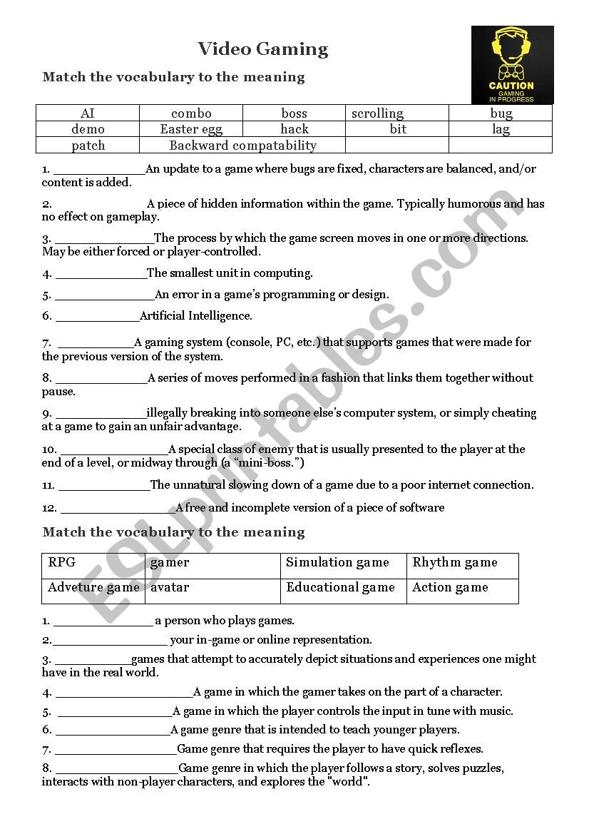 video gaming worksheet