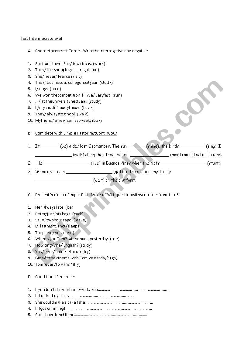 Test Intermediate Level worksheet