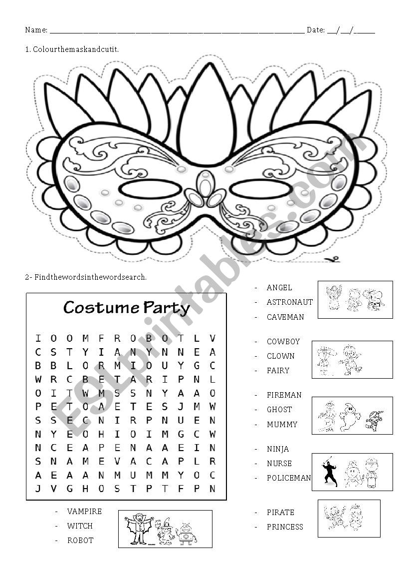Carnival mask and wordsearch worksheet
