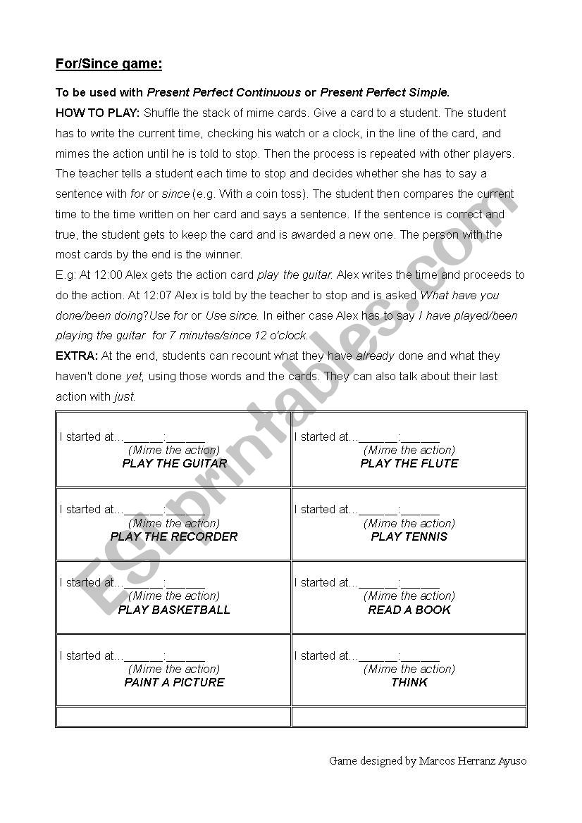 Present perfect game worksheet