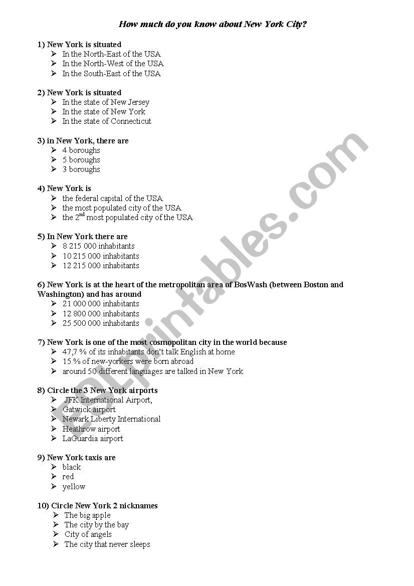 New York City Quiz worksheet