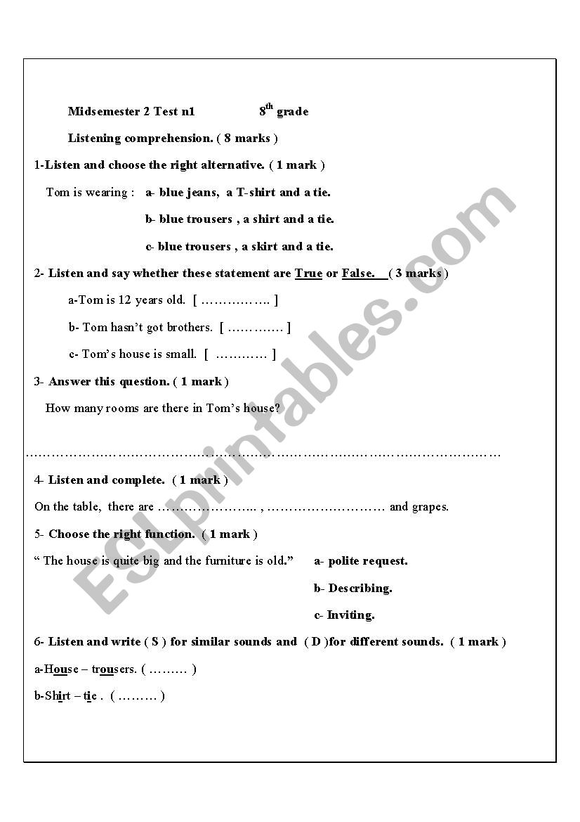 8th Midsemester 2 test1  worksheet