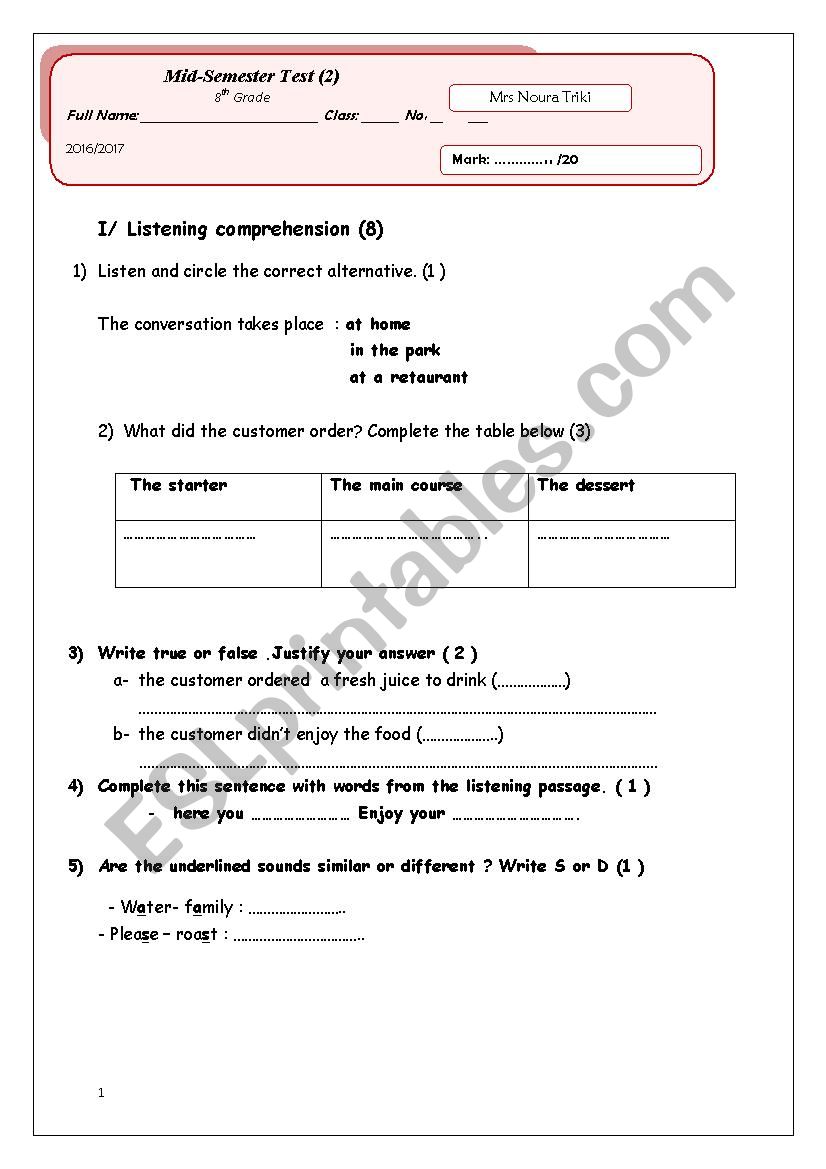 Mid-Semester test 2 (8th) worksheet