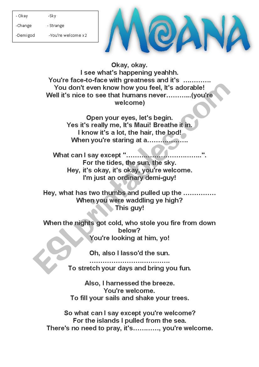 Moana - YouÂ´re Welcome worksheet