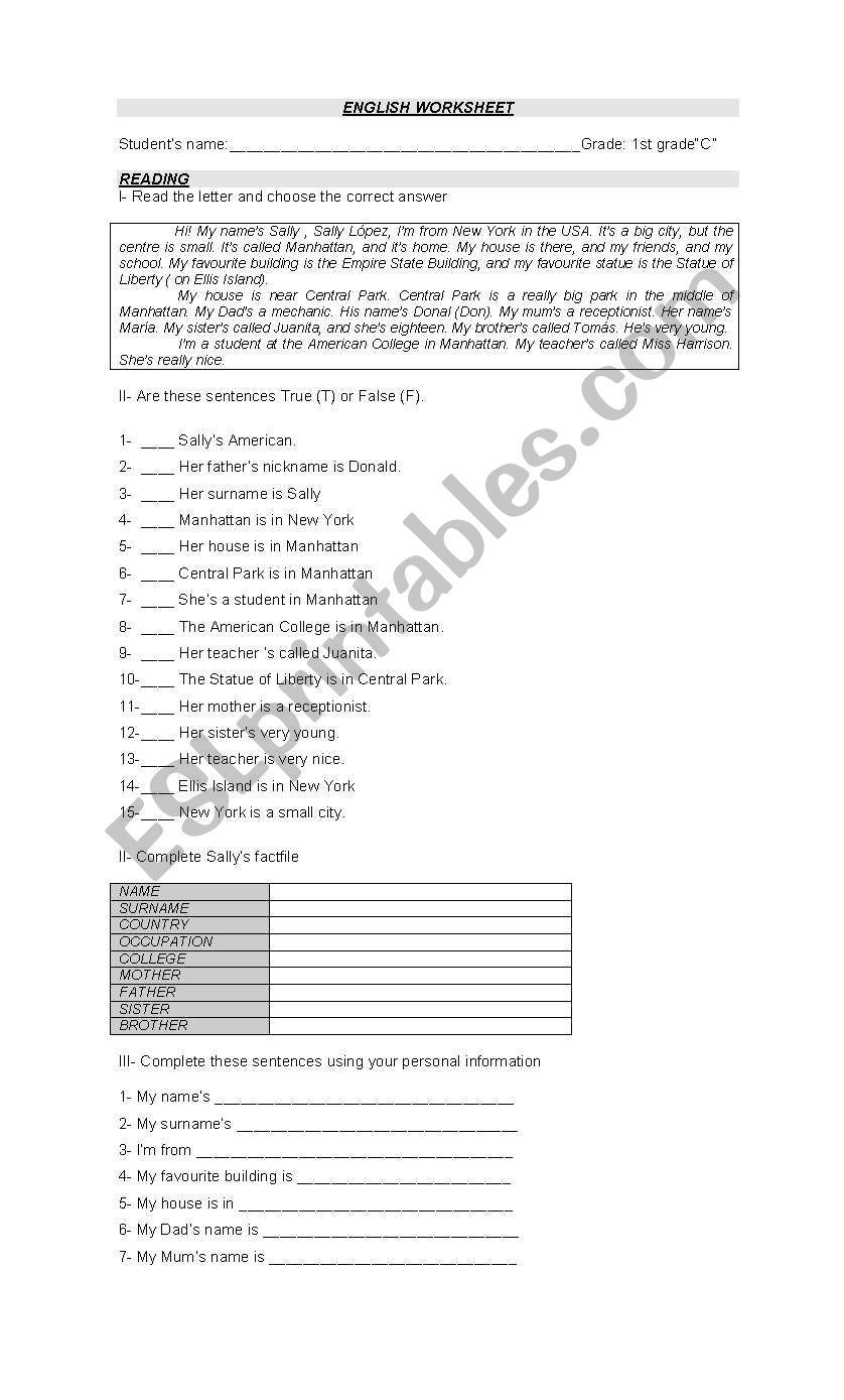 Personal information worksheet