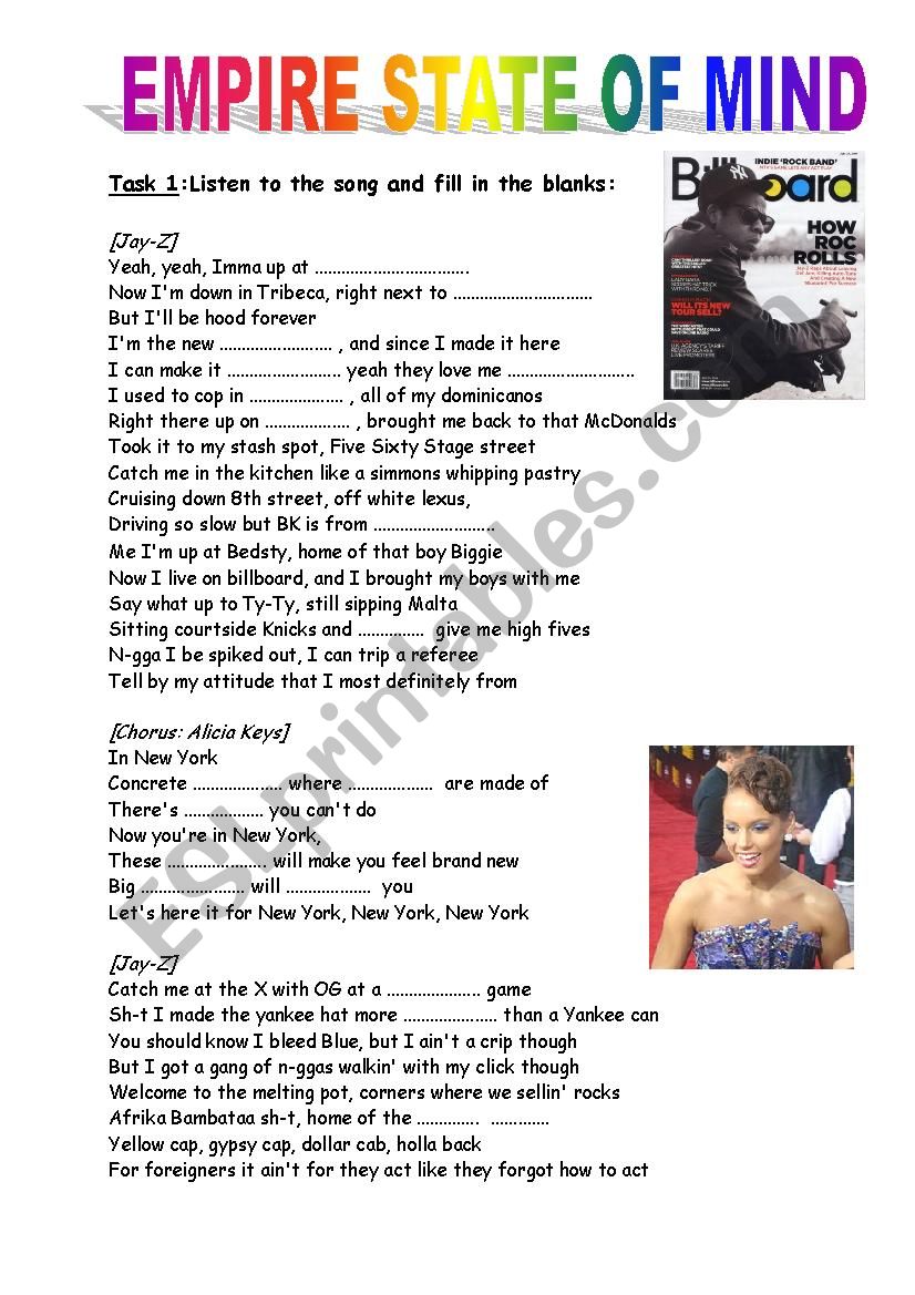 Empire State of Mind worksheet