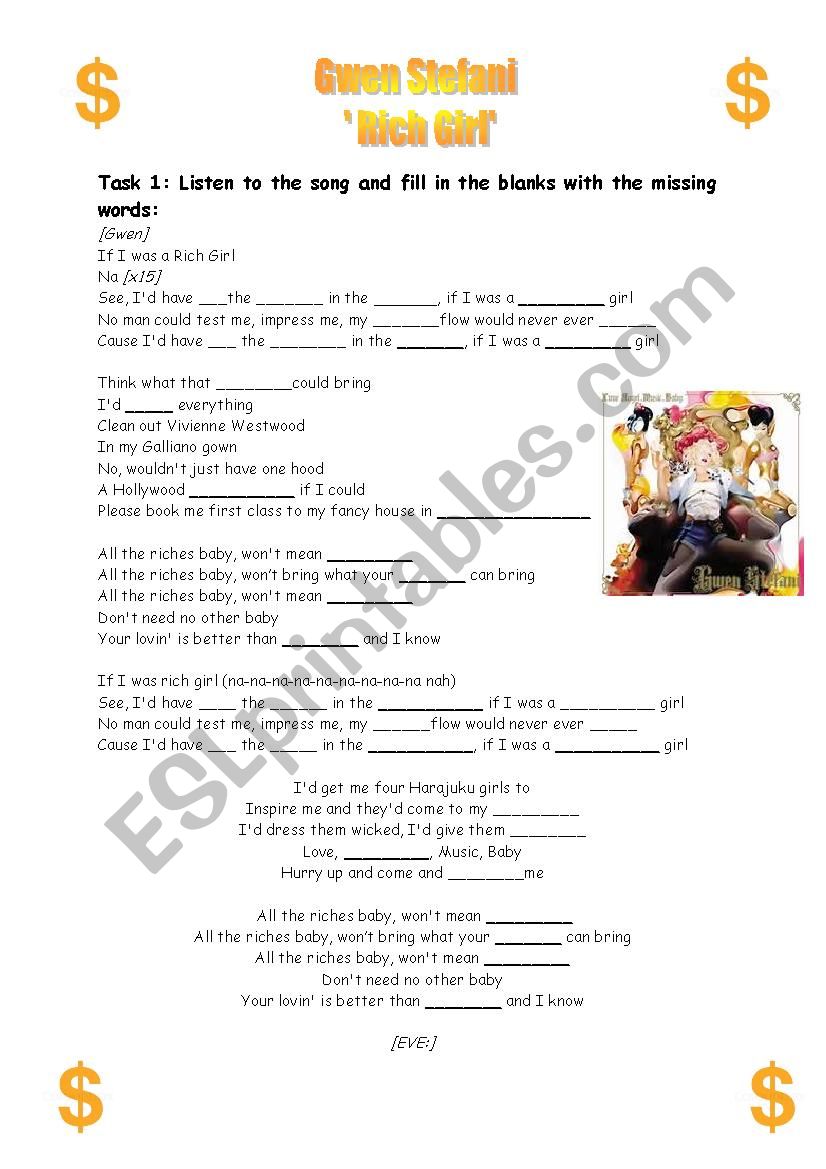 Gwen Stefani  Rich Girl worksheet