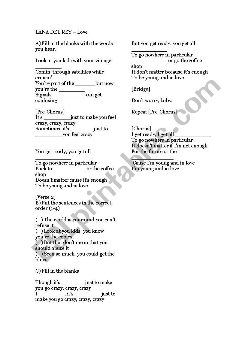 Lana del rey - Love worksheet