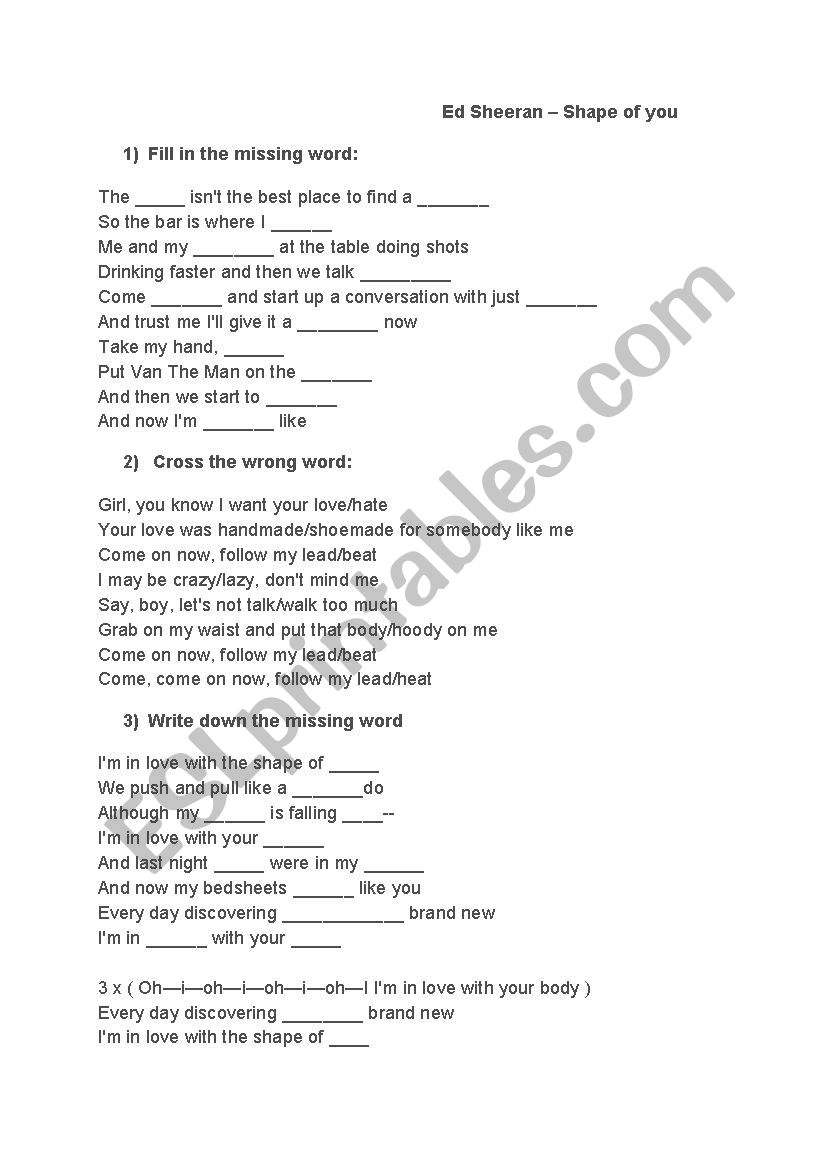 Ed Sheeran - Shape of you  worksheet