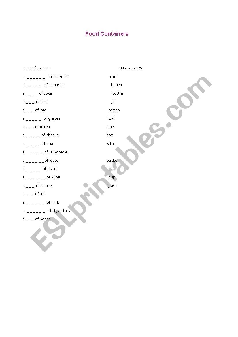 Food and drink containers worksheet