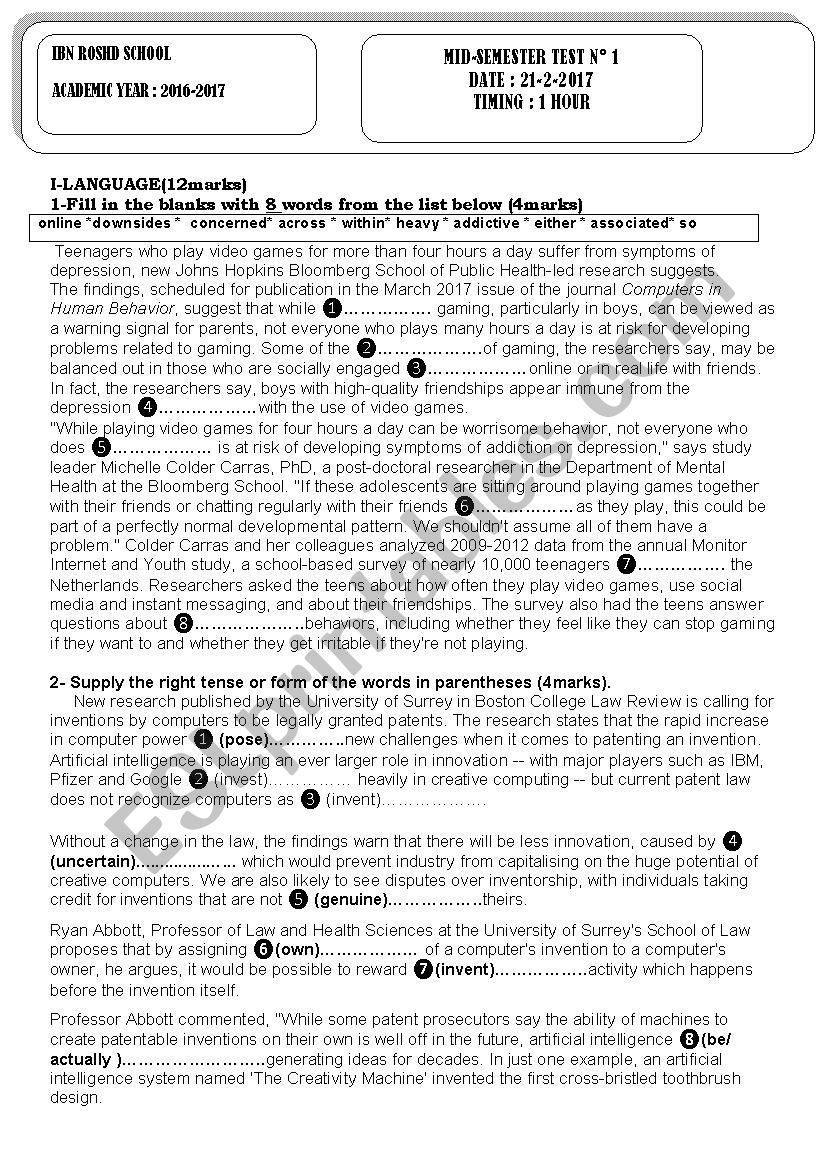 MID-SEMESTER TEST N1 worksheet